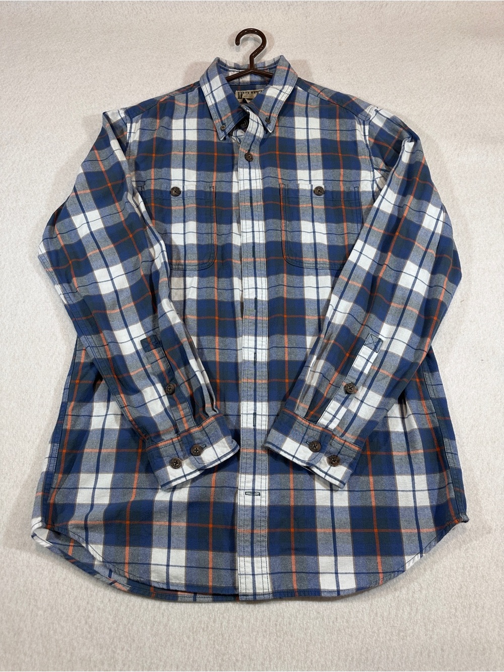 Duluth Trading Co Blue White & Orange Plaid Button-Down Shirt Sz LT tall